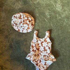 Floral Brown and White Swimsuit with Hat